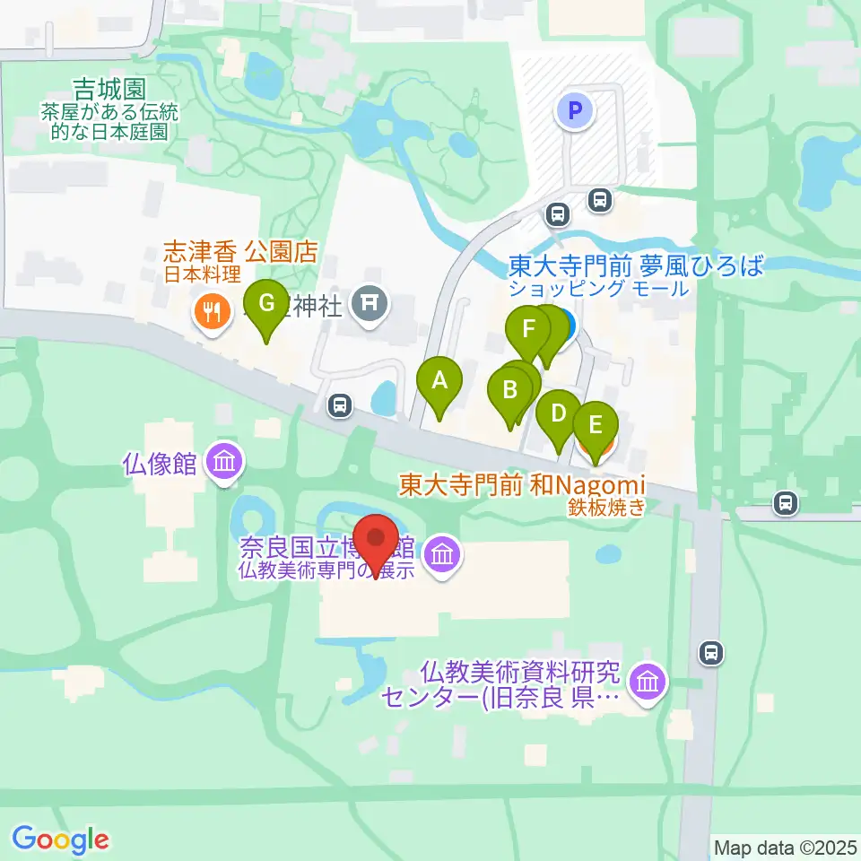 奈良国立博物館周辺のファミレス・ファーストフード一覧地図