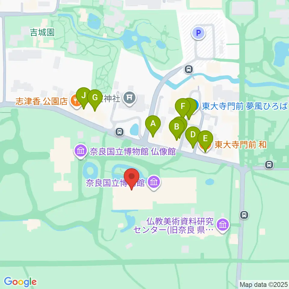 奈良国立博物館周辺のファミレス・ファーストフード一覧地図