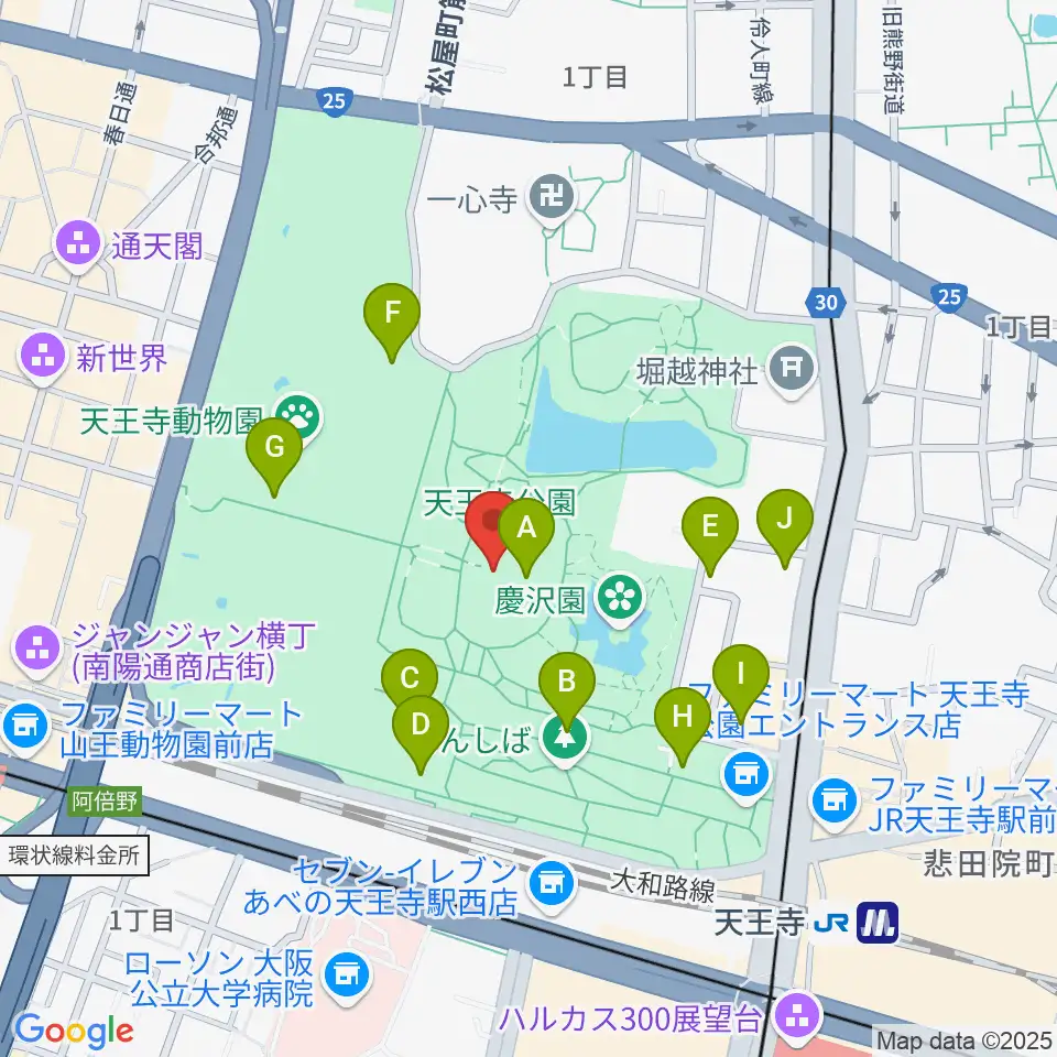 大阪市立美術館周辺のファミレス・ファーストフード一覧地図