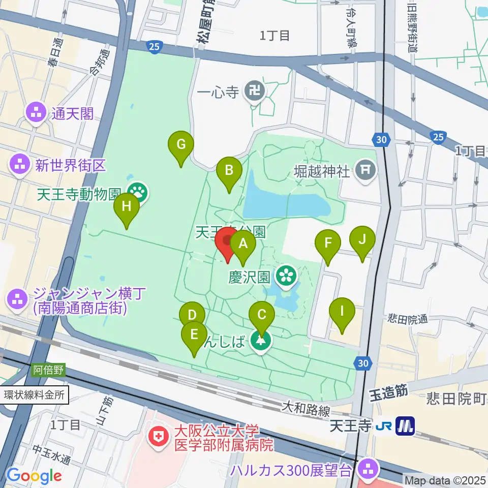 大阪市立美術館周辺のファミレス・ファーストフード一覧地図
