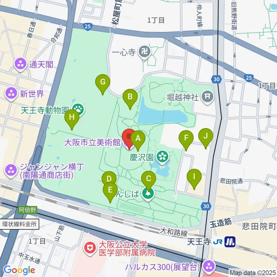 大阪市立美術館周辺のファミレス・ファーストフード一覧地図