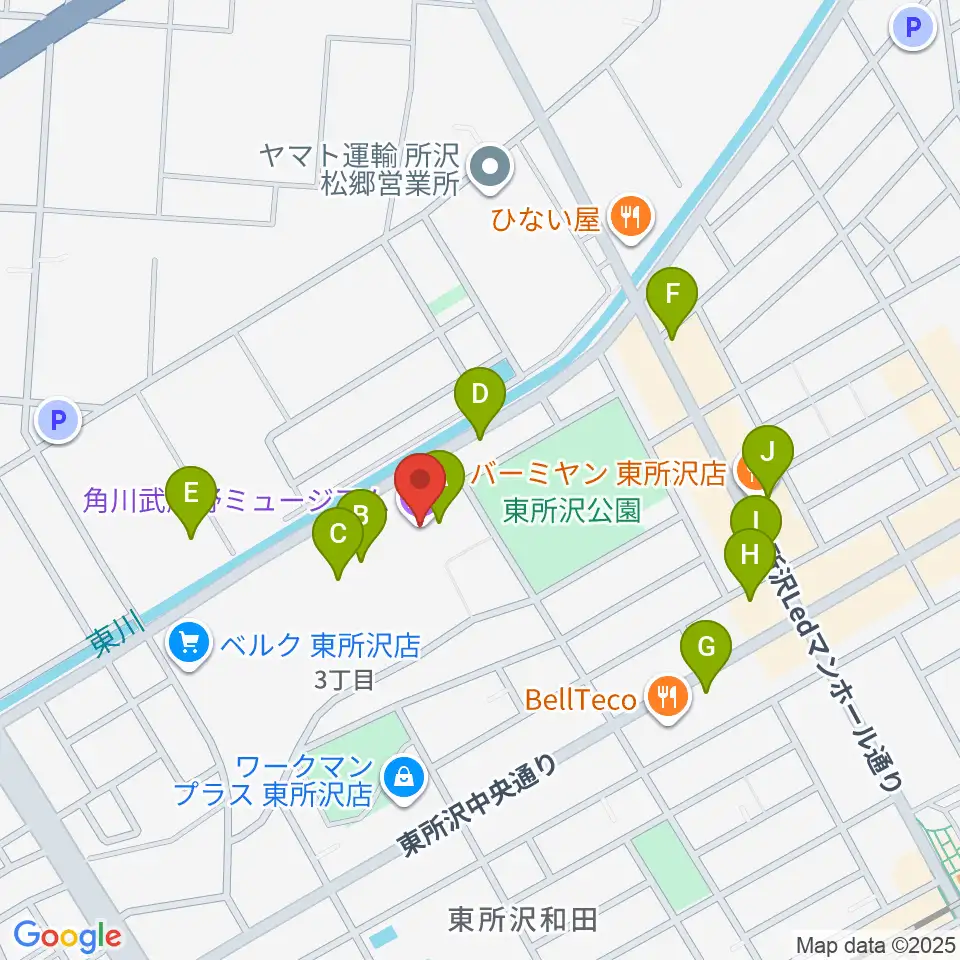 角川武蔵野ミュージアム周辺のファミレス・ファーストフード一覧地図