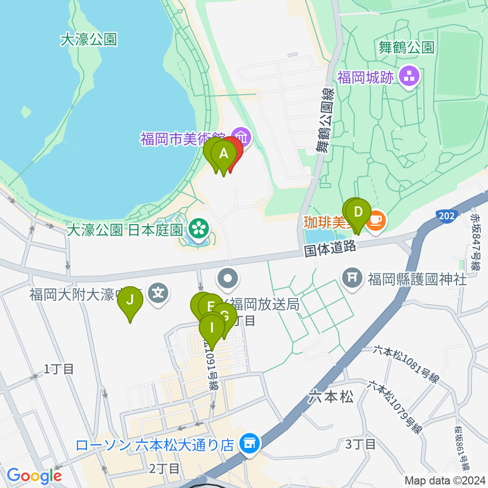 福岡市美術館周辺のファミレス・ファーストフード一覧地図