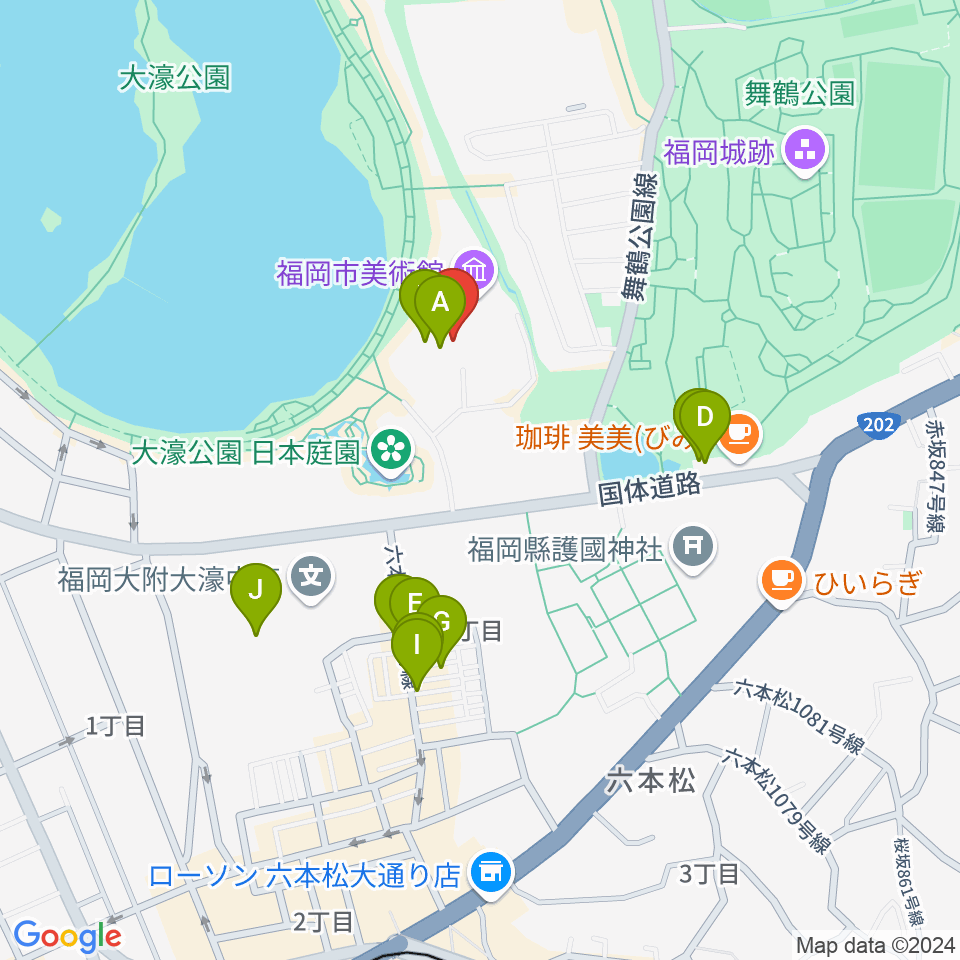 福岡市美術館周辺のファミレス・ファーストフード一覧地図