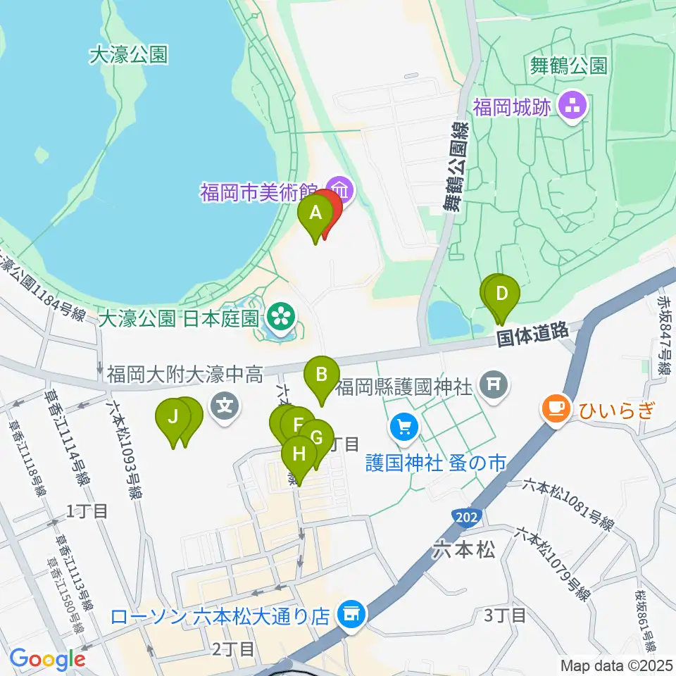 福岡市美術館周辺のファミレス・ファーストフード一覧地図
