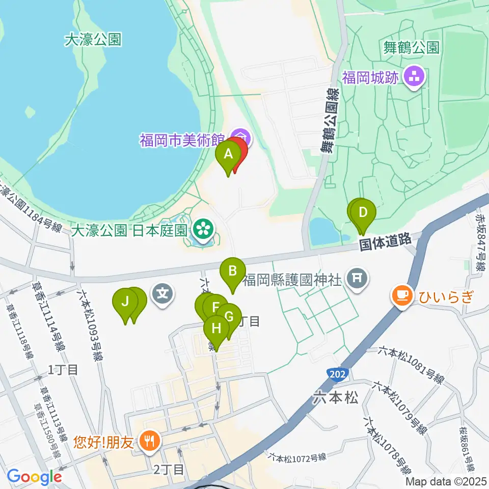 福岡市美術館周辺のファミレス・ファーストフード一覧地図