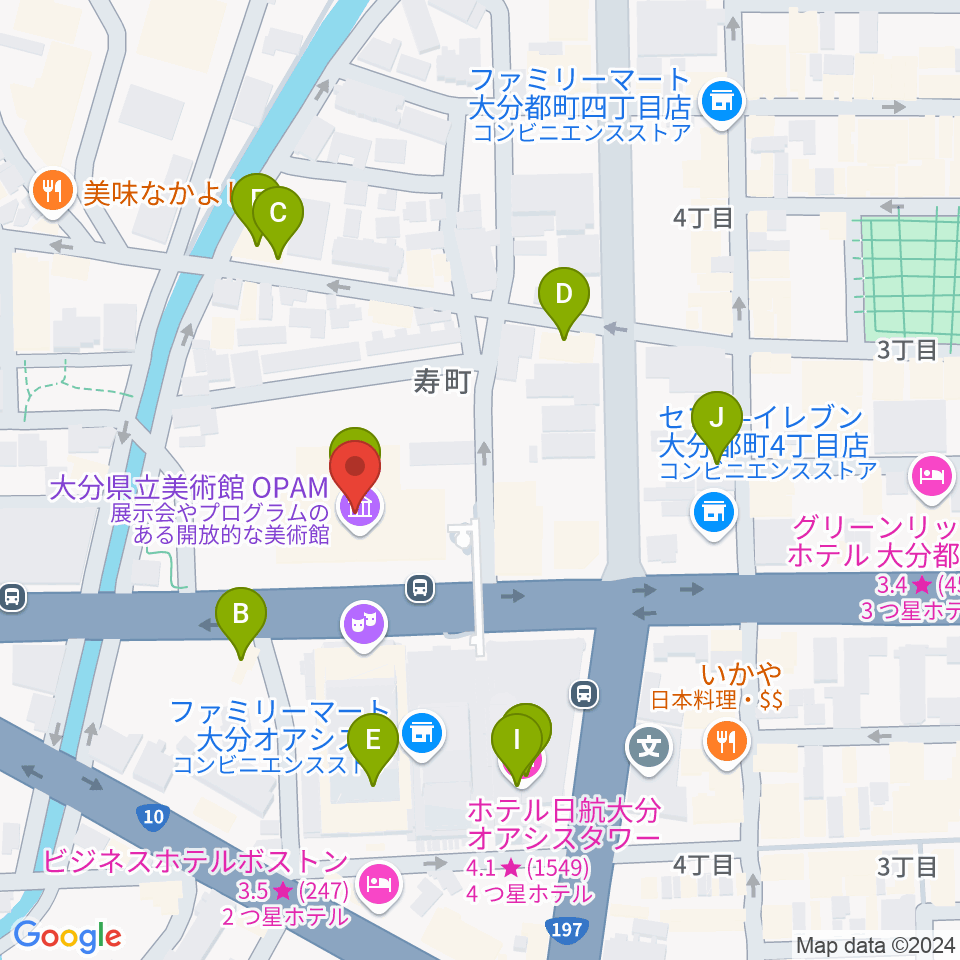 大分県立美術館（OPAM）周辺のファミレス・ファーストフード一覧地図