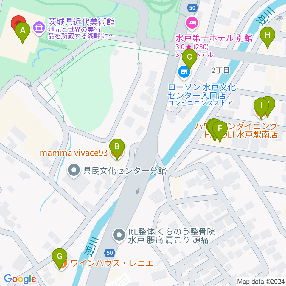 茨城県近代美術館周辺のファミレス・ファーストフード一覧地図