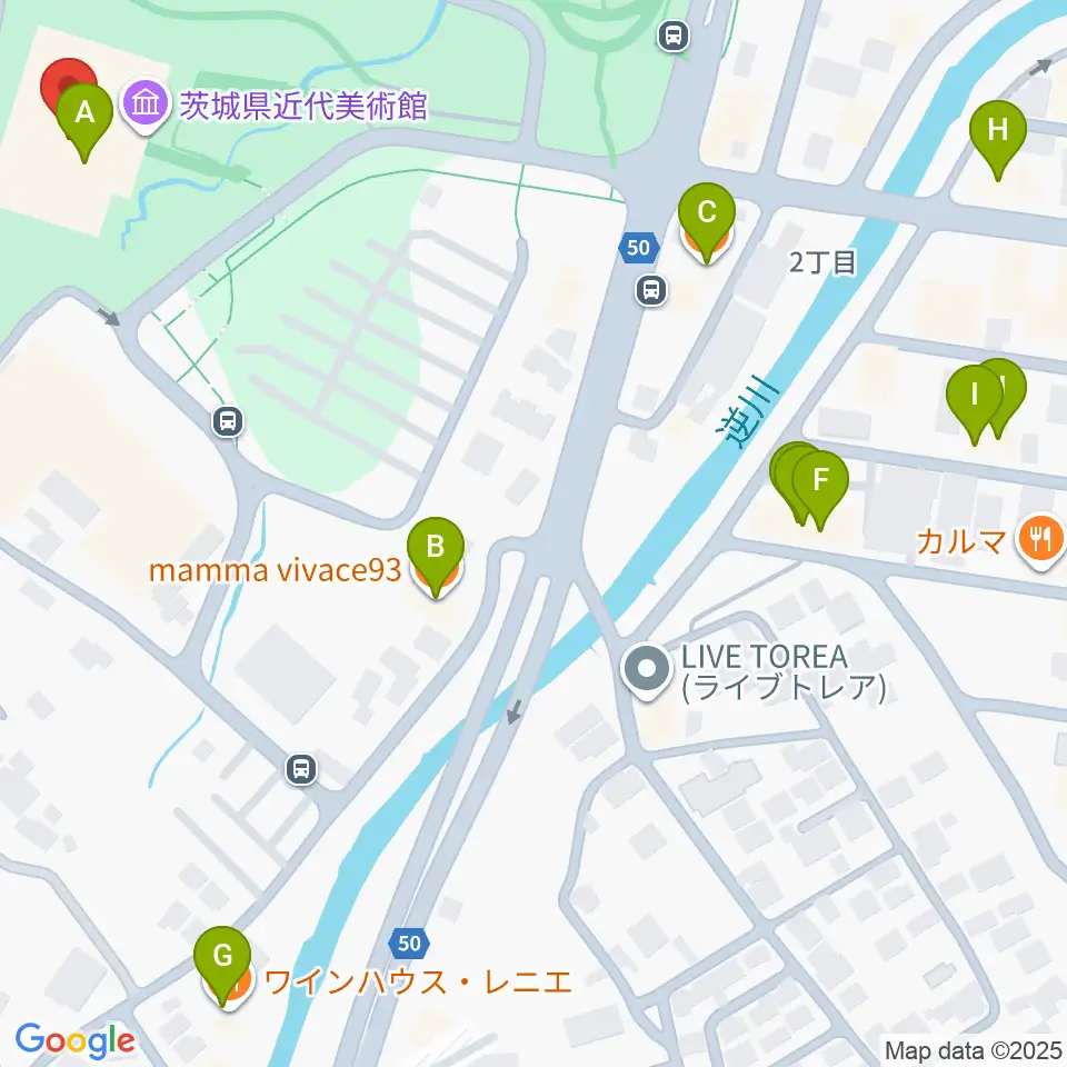 茨城県近代美術館周辺のファミレス・ファーストフード一覧地図