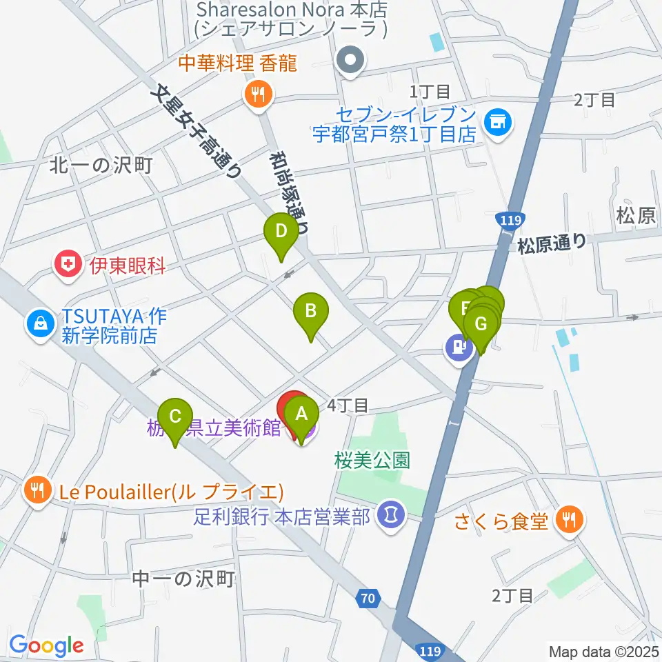 栃木県立美術館周辺のファミレス・ファーストフード一覧地図
