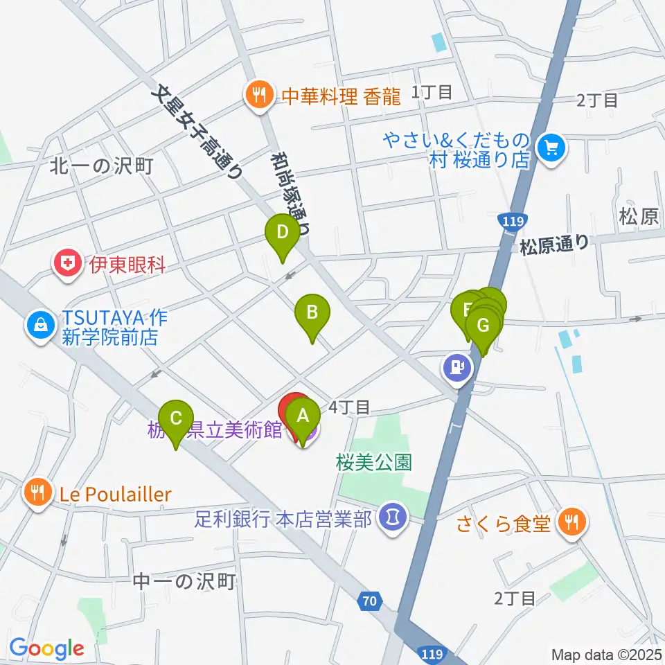 栃木県立美術館周辺のファミレス・ファーストフード一覧地図