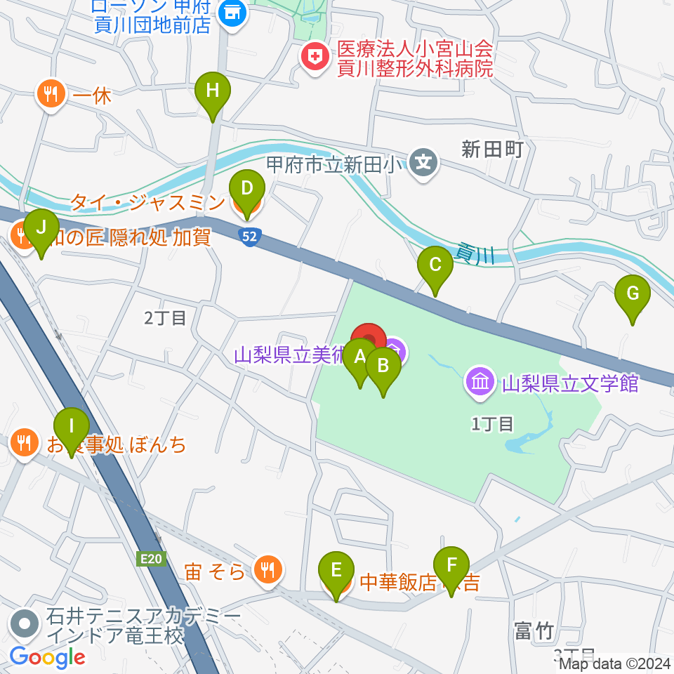 山梨県立美術館周辺のファミレス・ファーストフード一覧地図