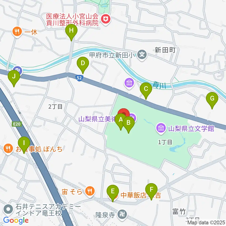 山梨県立美術館周辺のファミレス・ファーストフード一覧地図