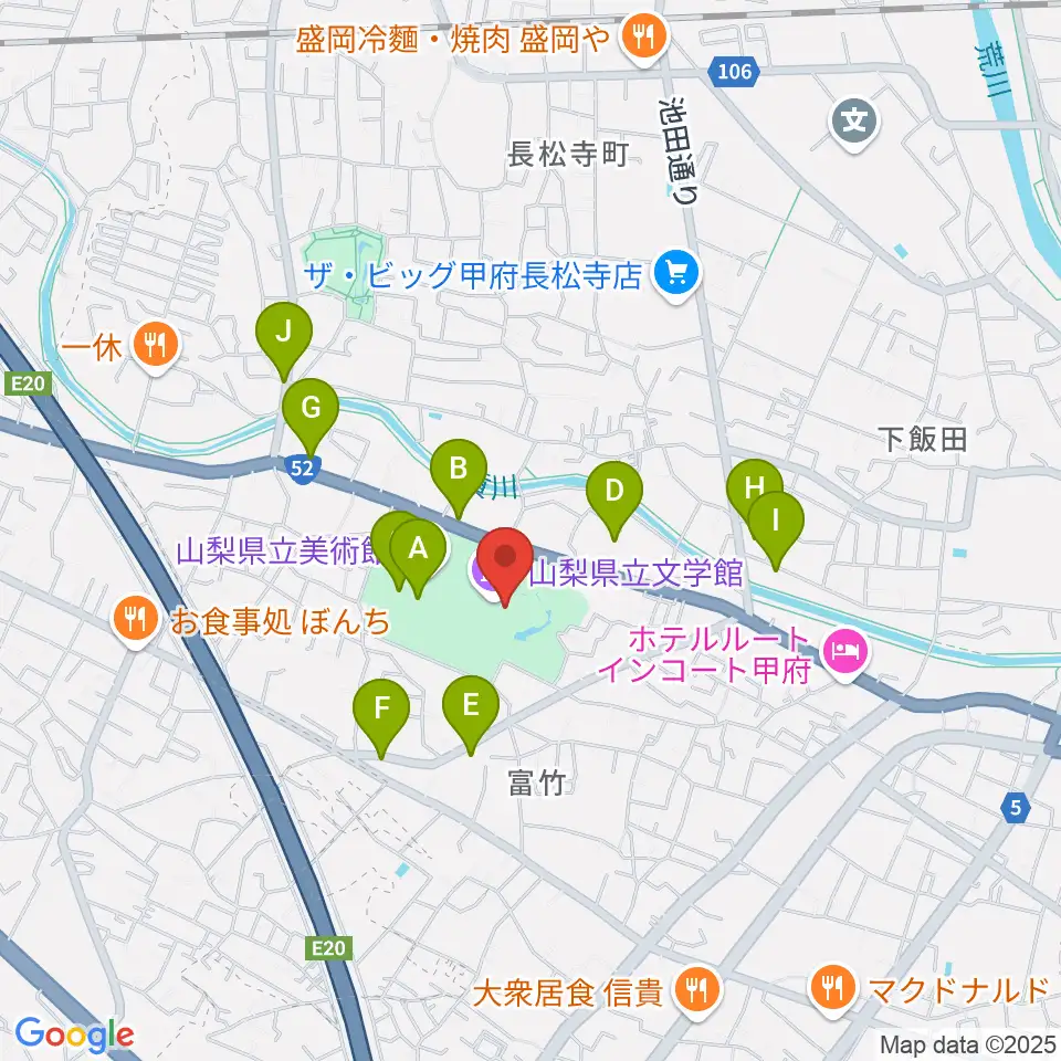 山梨県立文学館周辺のファミレス・ファーストフード一覧地図