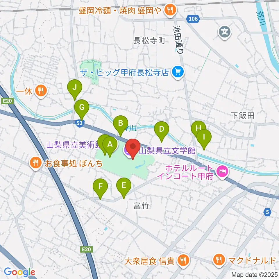 山梨県立文学館周辺のファミレス・ファーストフード一覧地図