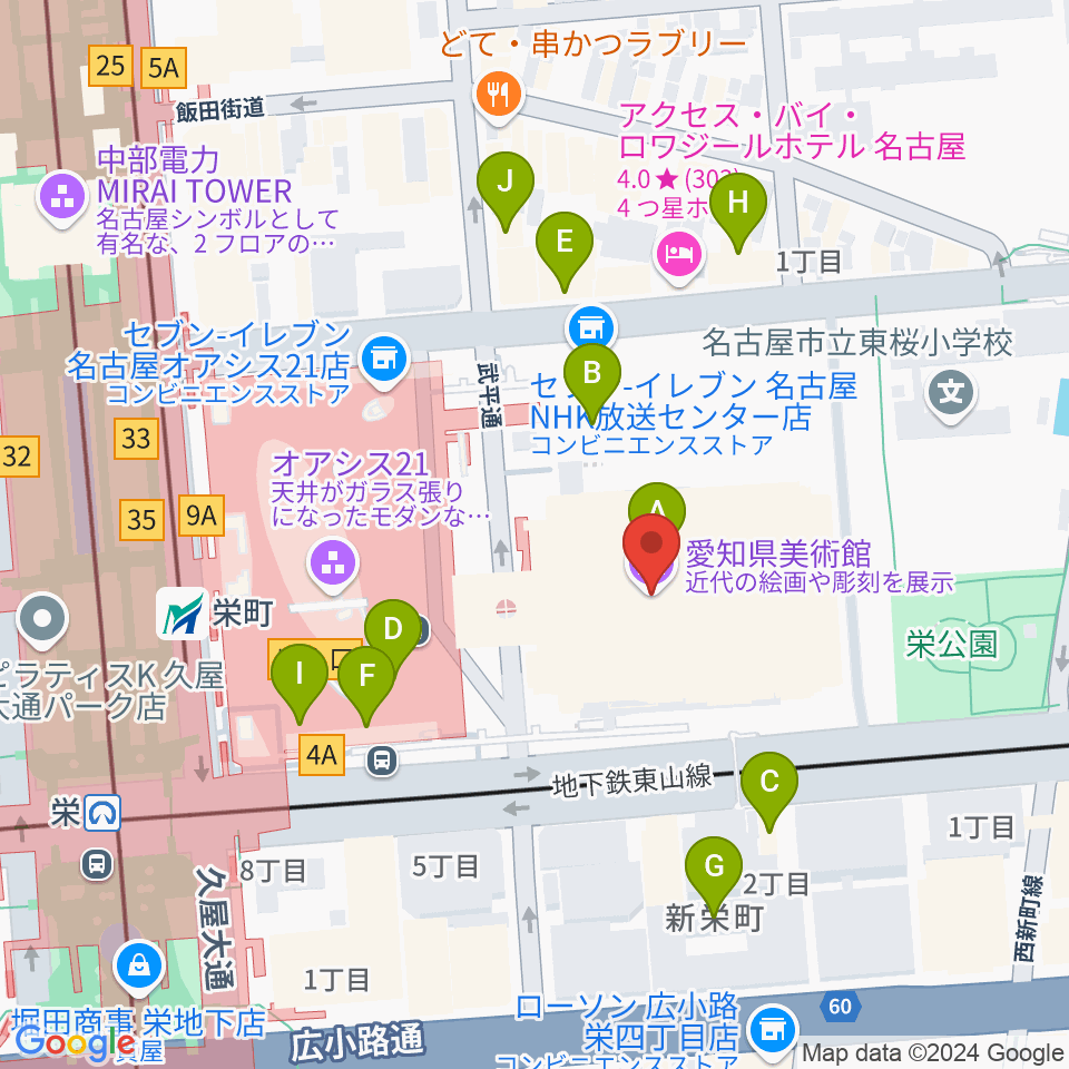 愛知県美術館周辺のファミレス・ファーストフード一覧地図