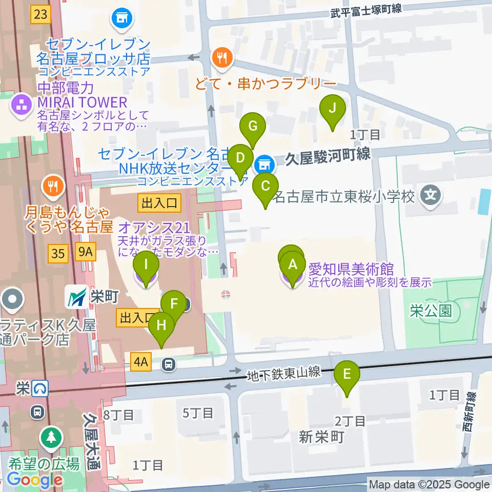 愛知県美術館周辺のファミレス・ファーストフード一覧地図