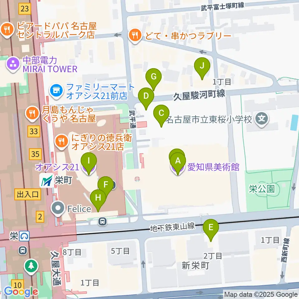 愛知県美術館周辺のファミレス・ファーストフード一覧地図