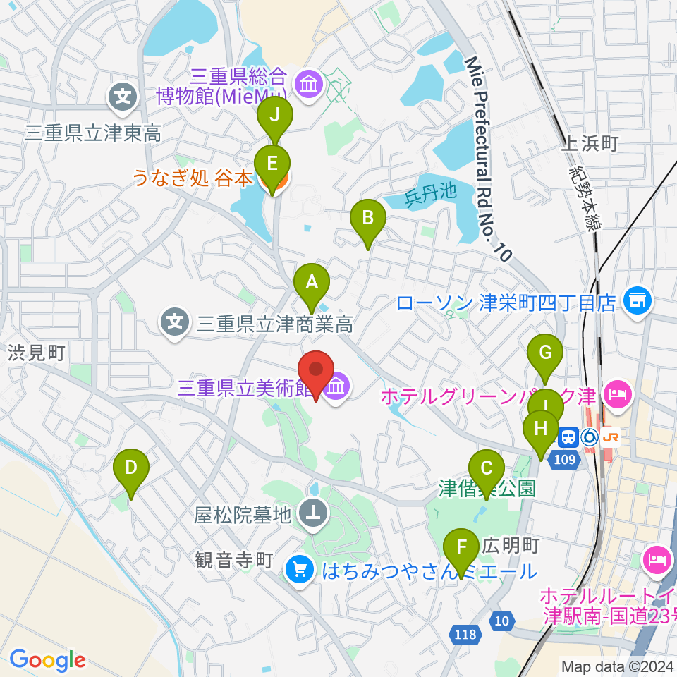 三重県立美術館周辺のファミレス・ファーストフード一覧地図