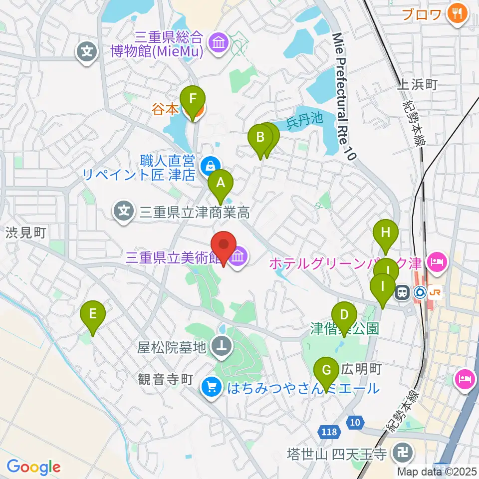 三重県立美術館周辺のファミレス・ファーストフード一覧地図