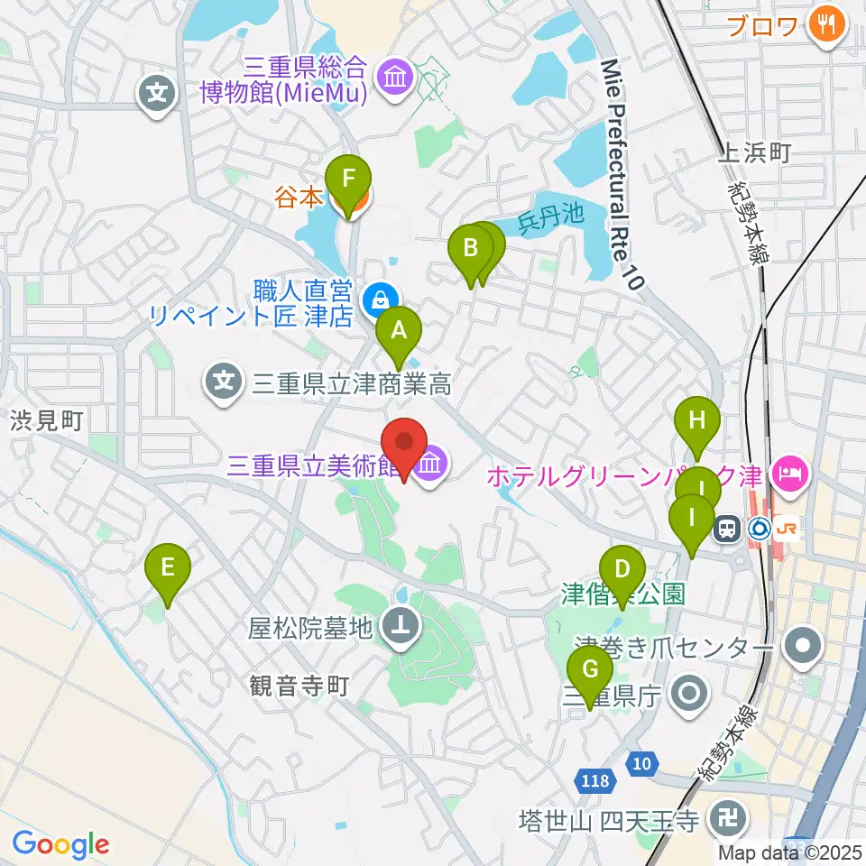 三重県立美術館周辺のファミレス・ファーストフード一覧地図