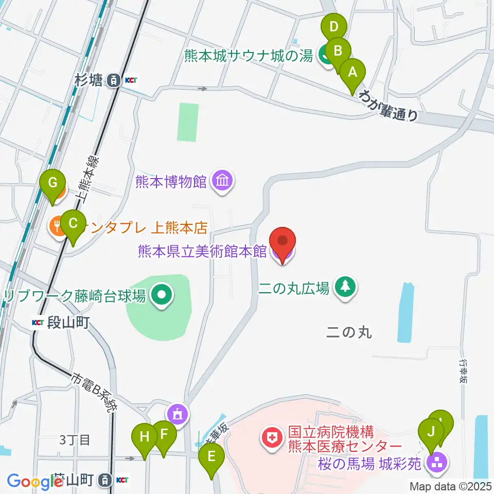 熊本県立美術館周辺のファミレス・ファーストフード一覧地図