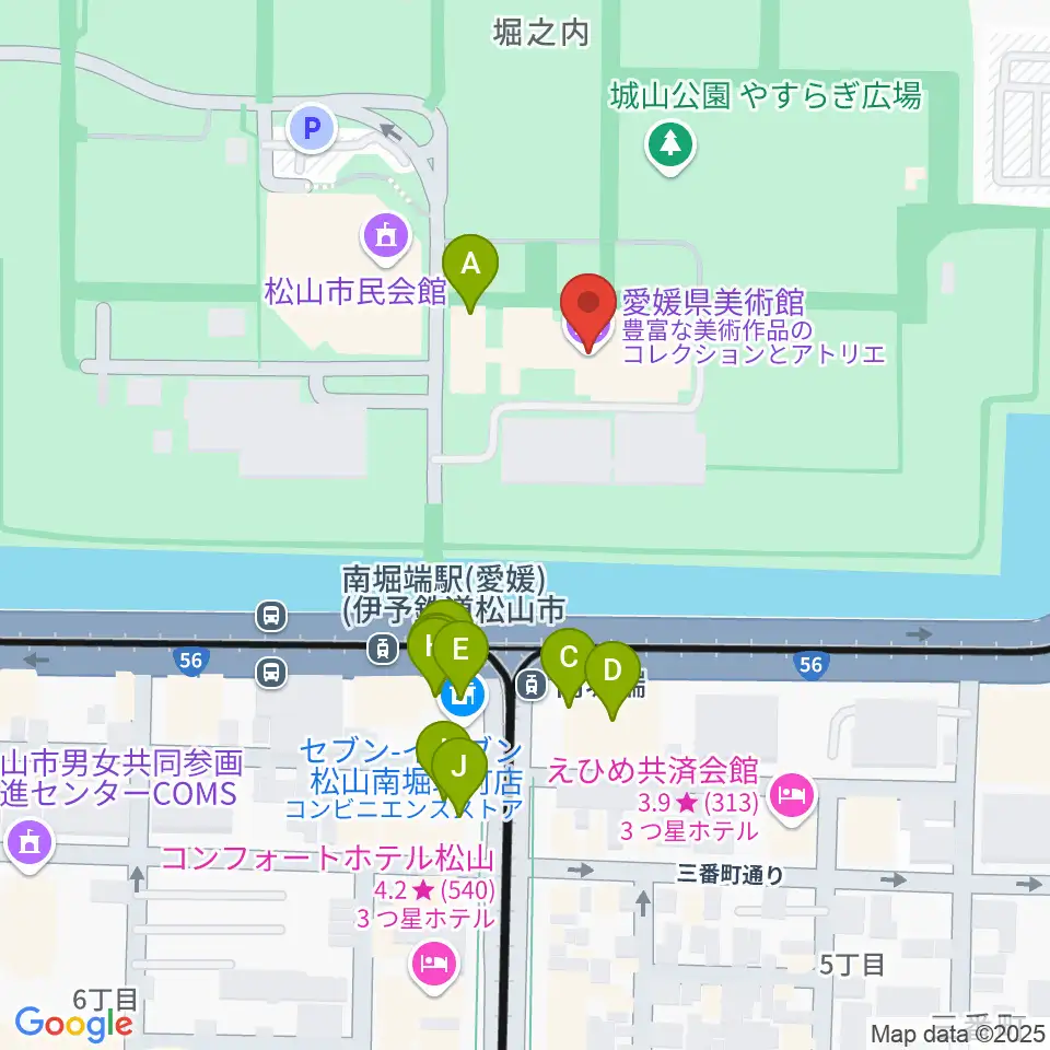愛媛県美術館周辺のファミレス・ファーストフード一覧地図