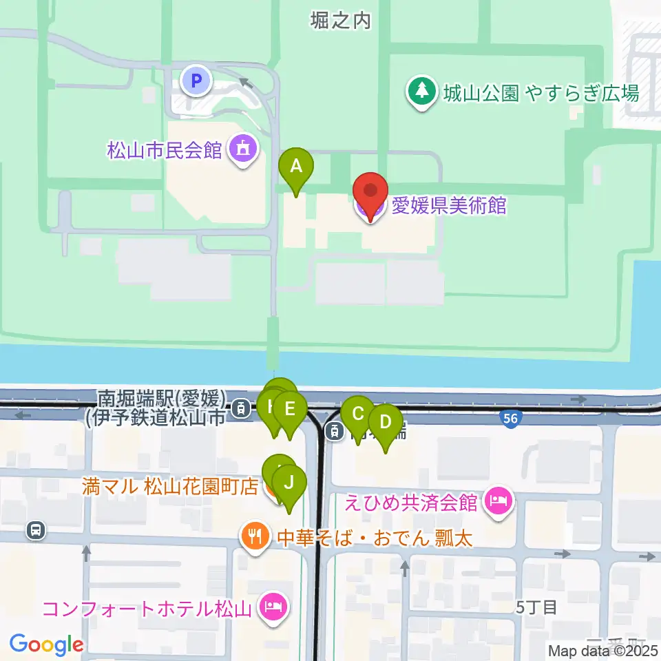 愛媛県美術館周辺のファミレス・ファーストフード一覧地図