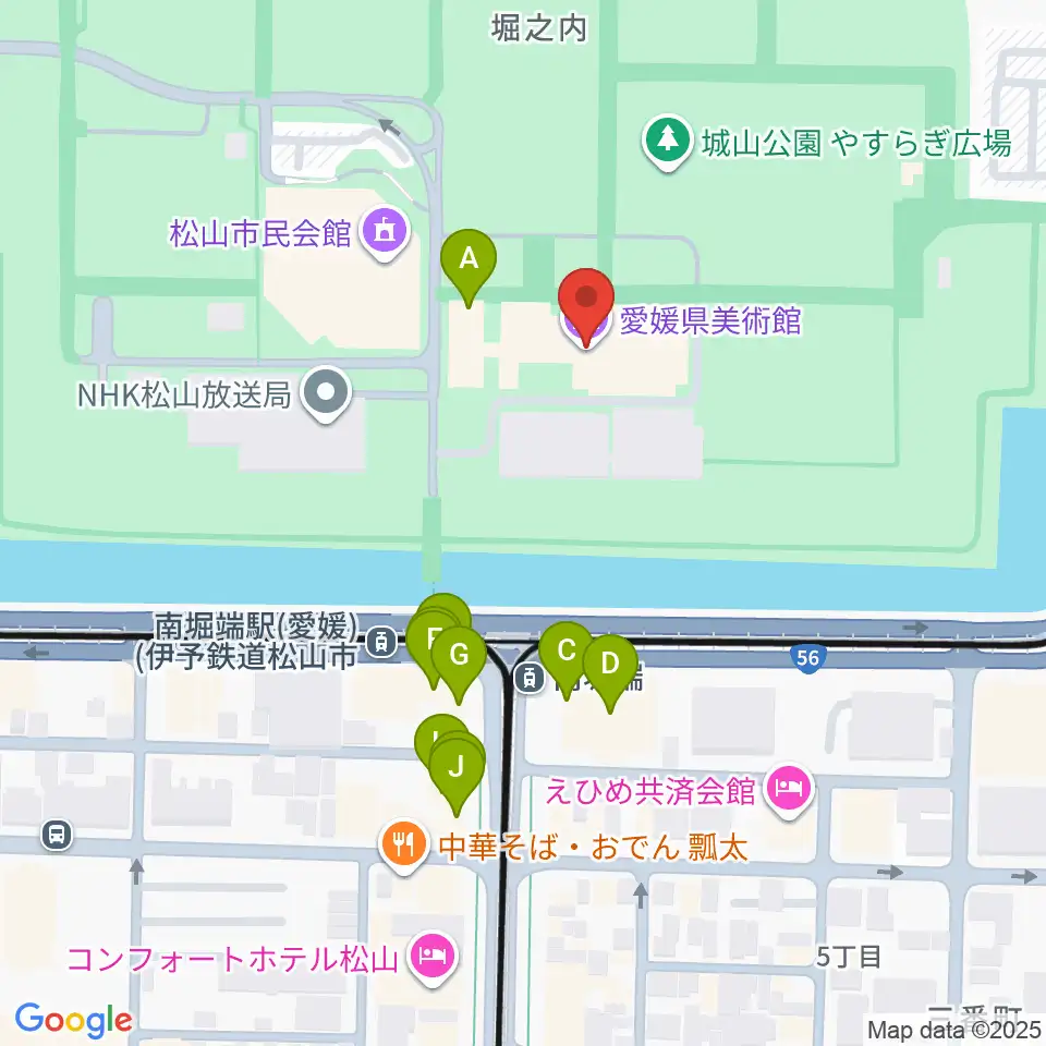 愛媛県美術館周辺のファミレス・ファーストフード一覧地図