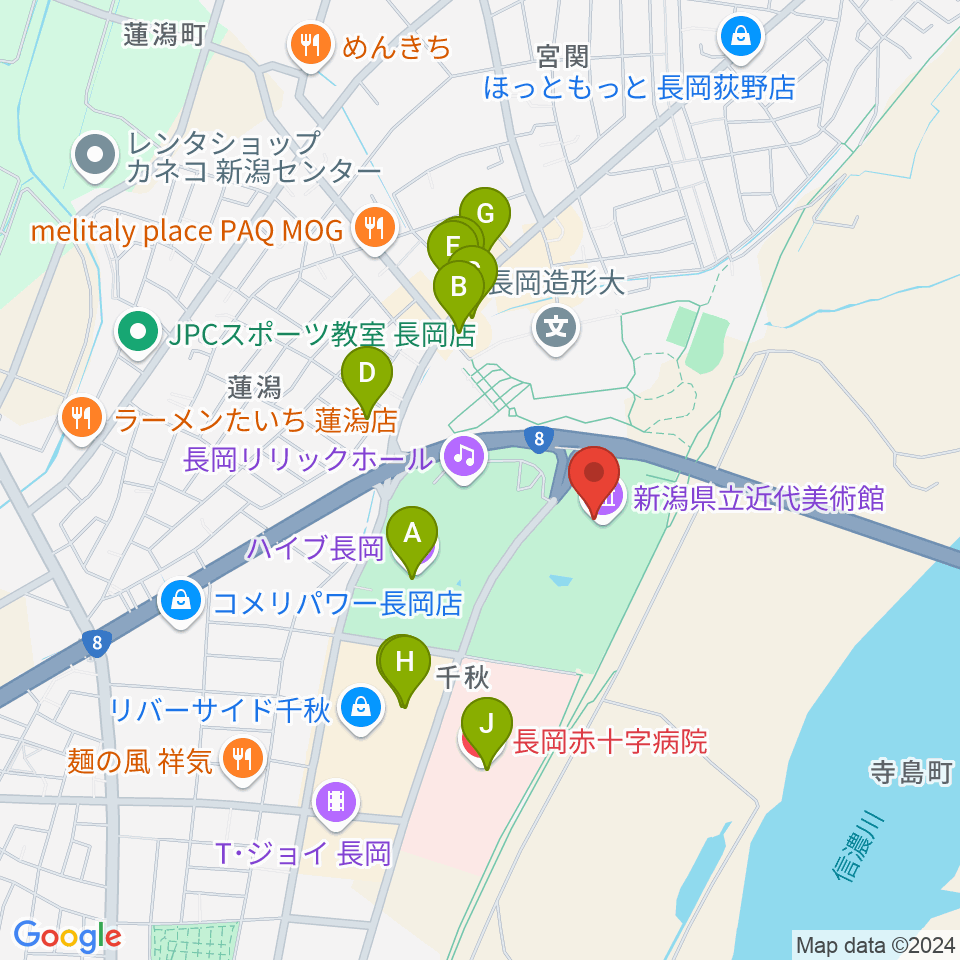 新潟県立近代美術館周辺のファミレス・ファーストフード一覧地図