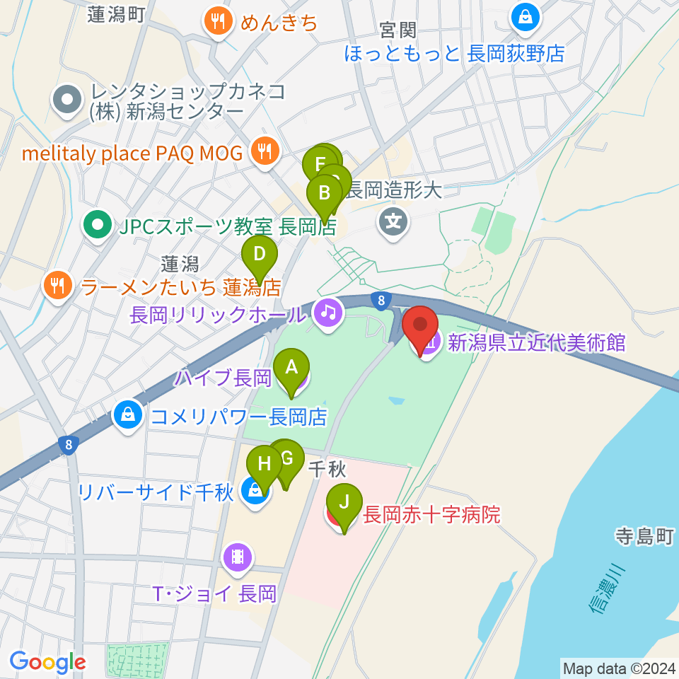 新潟県立近代美術館周辺のファミレス・ファーストフード一覧地図