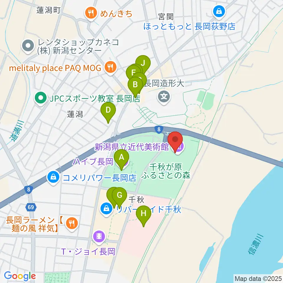 新潟県立近代美術館周辺のファミレス・ファーストフード一覧地図