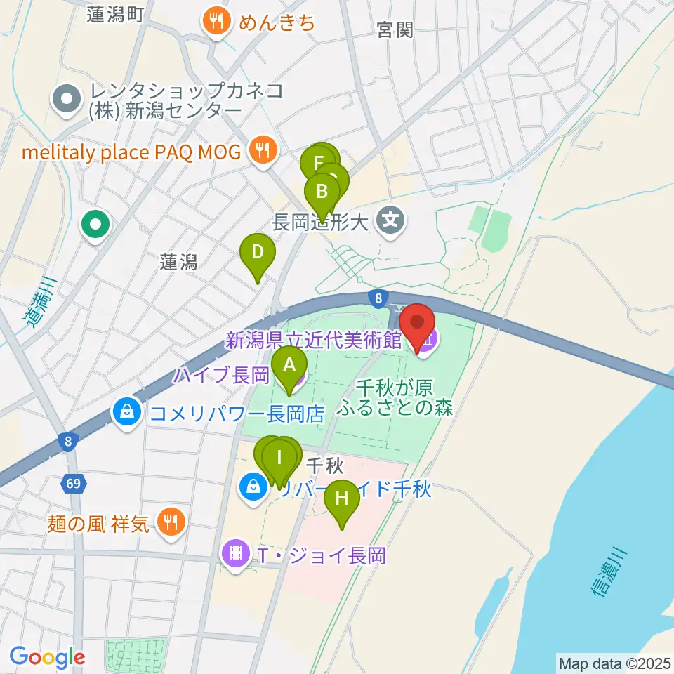 新潟県立近代美術館周辺のファミレス・ファーストフード一覧地図