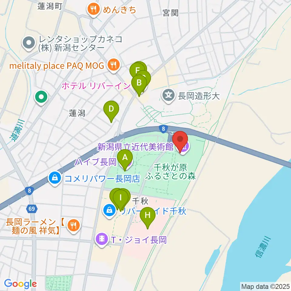 新潟県立近代美術館周辺のファミレス・ファーストフード一覧地図