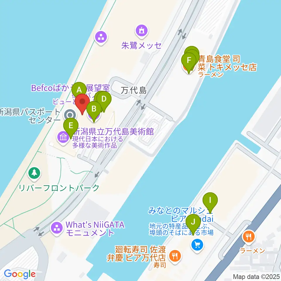 新潟県立万代島美術館周辺のファミレス・ファーストフード一覧地図