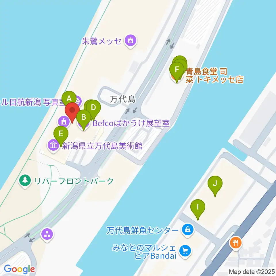 新潟県立万代島美術館周辺のファミレス・ファーストフード一覧地図