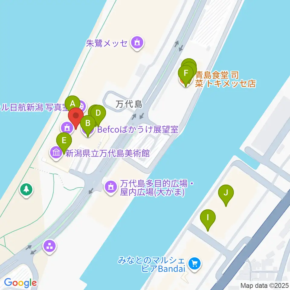 新潟県立万代島美術館周辺のファミレス・ファーストフード一覧地図