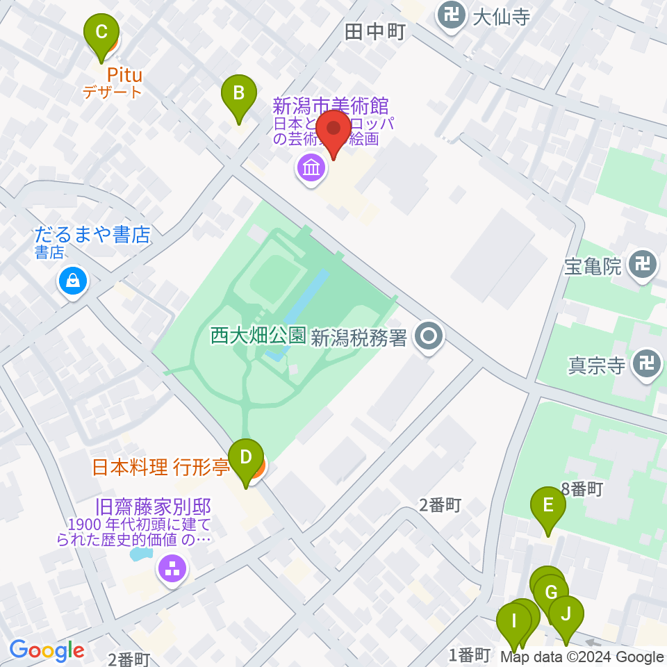 新潟市美術館周辺のファミレス・ファーストフード一覧地図