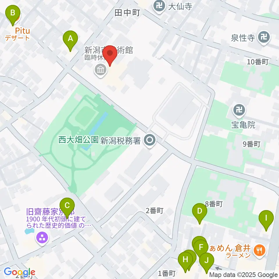 新潟市美術館周辺のファミレス・ファーストフード一覧地図