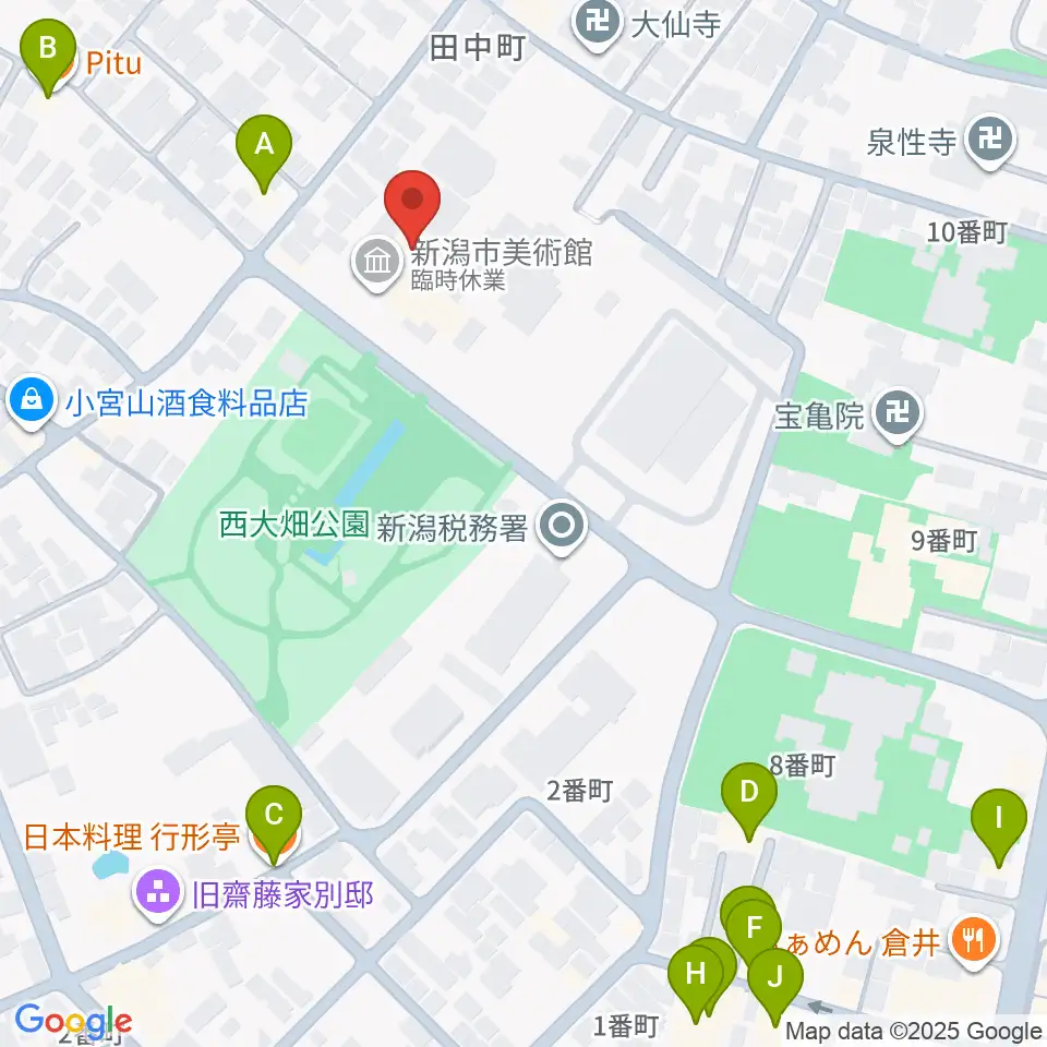 新潟市美術館周辺のファミレス・ファーストフード一覧地図