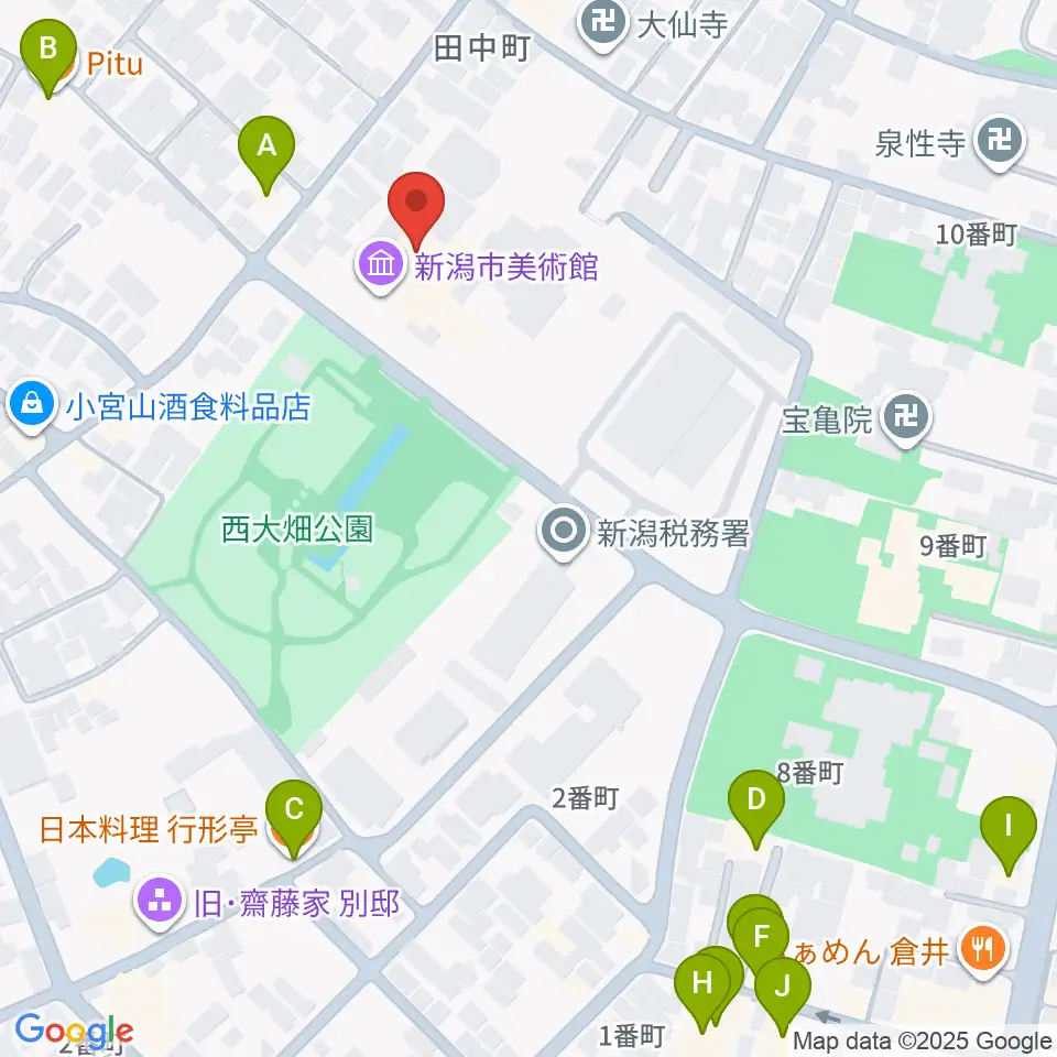 新潟市美術館周辺のファミレス・ファーストフード一覧地図