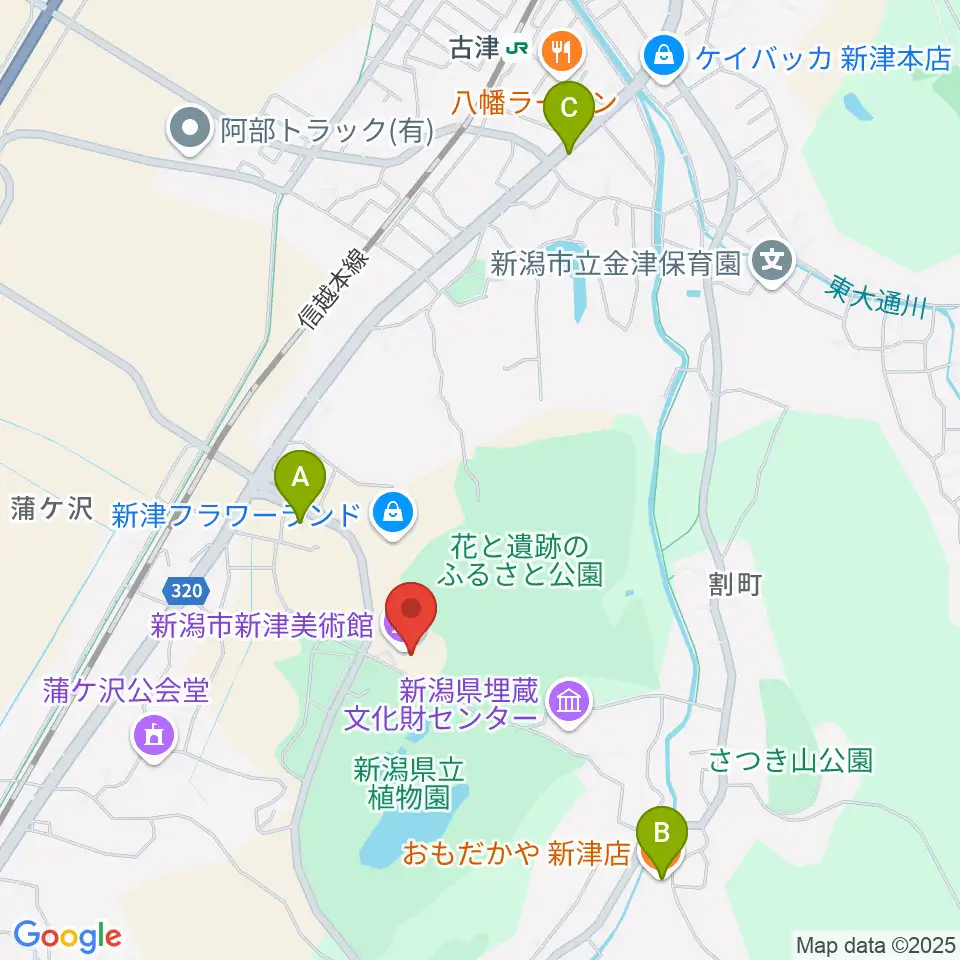新潟市新津美術館周辺のファミレス・ファーストフード一覧地図