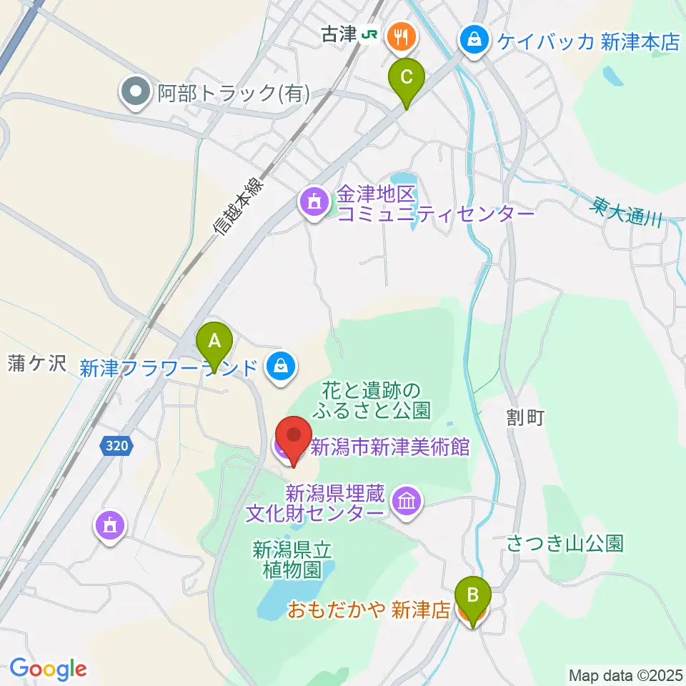 新潟市新津美術館周辺のファミレス・ファーストフード一覧地図