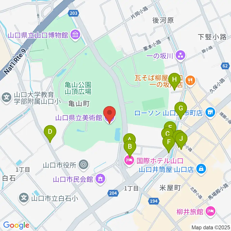 山口県立美術館周辺のファミレス・ファーストフード一覧地図