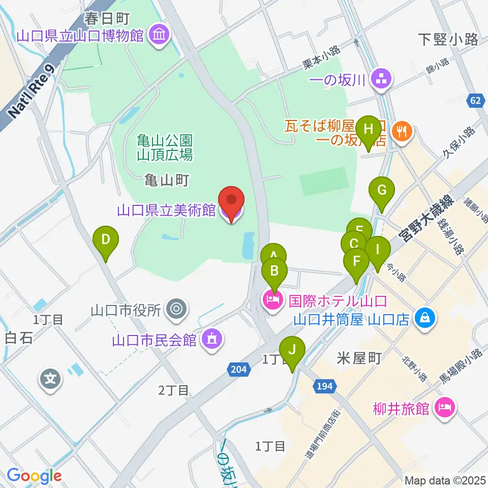 山口県立美術館周辺のファミレス・ファーストフード一覧地図