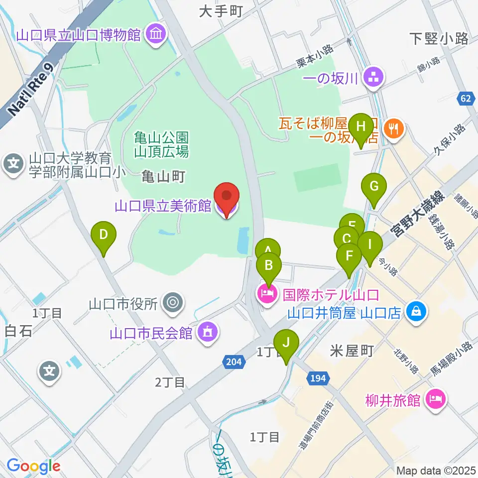 山口県立美術館周辺のファミレス・ファーストフード一覧地図