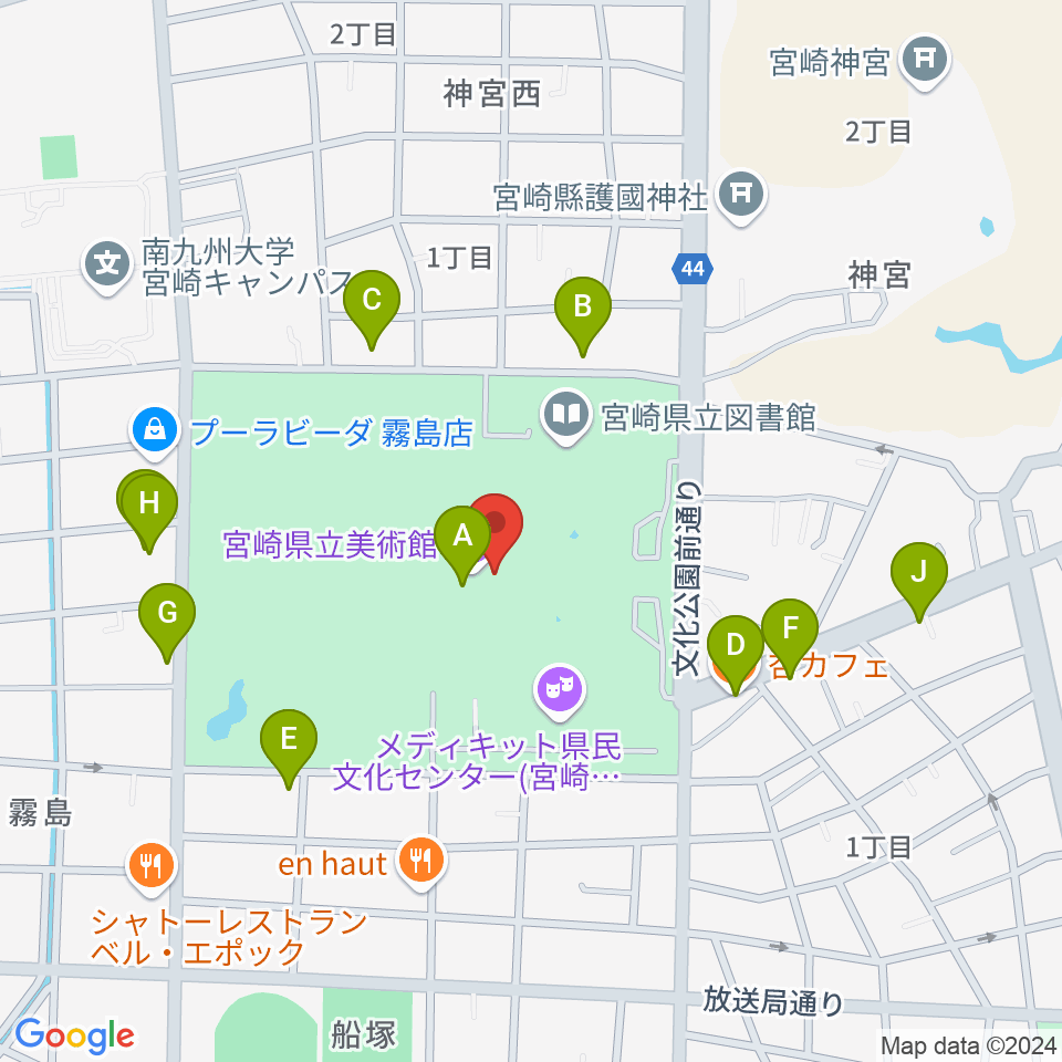 宮崎県立美術館周辺のファミレス・ファーストフード一覧地図