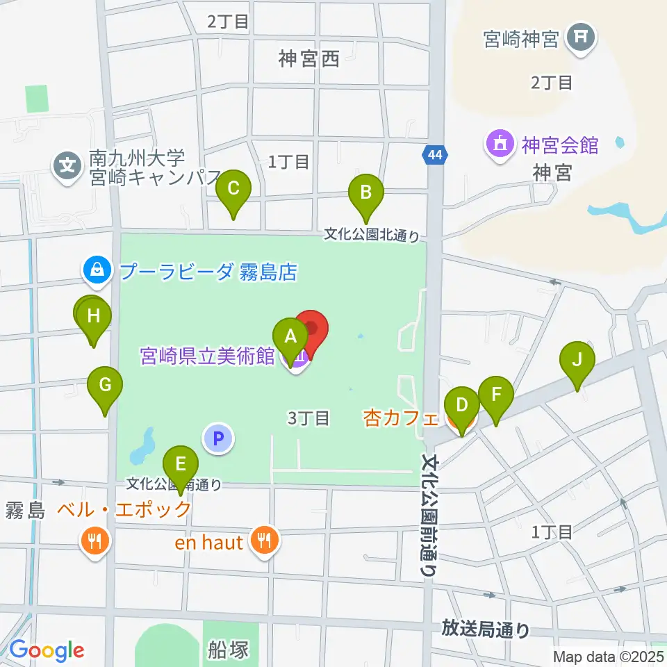 宮崎県立美術館周辺のファミレス・ファーストフード一覧地図
