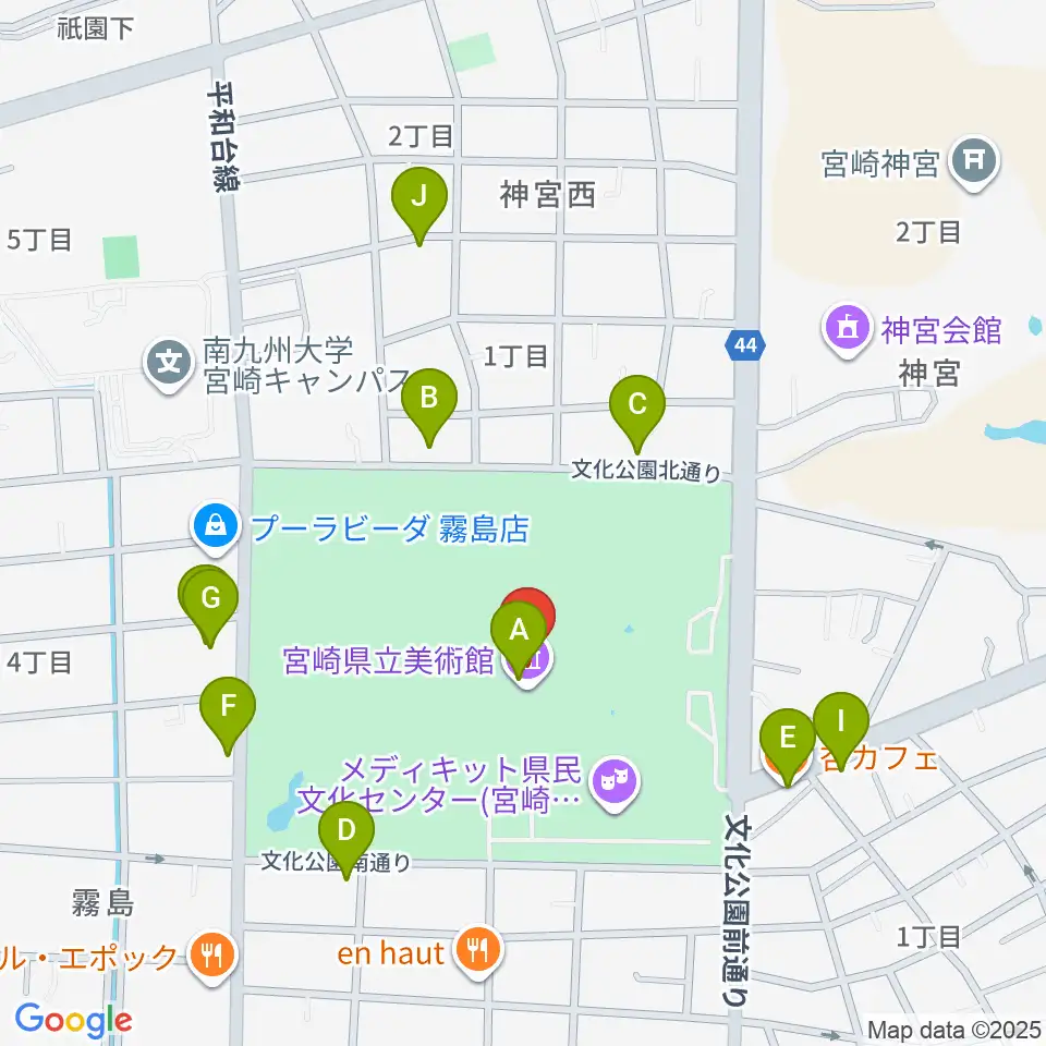 宮崎県立美術館周辺のファミレス・ファーストフード一覧地図
