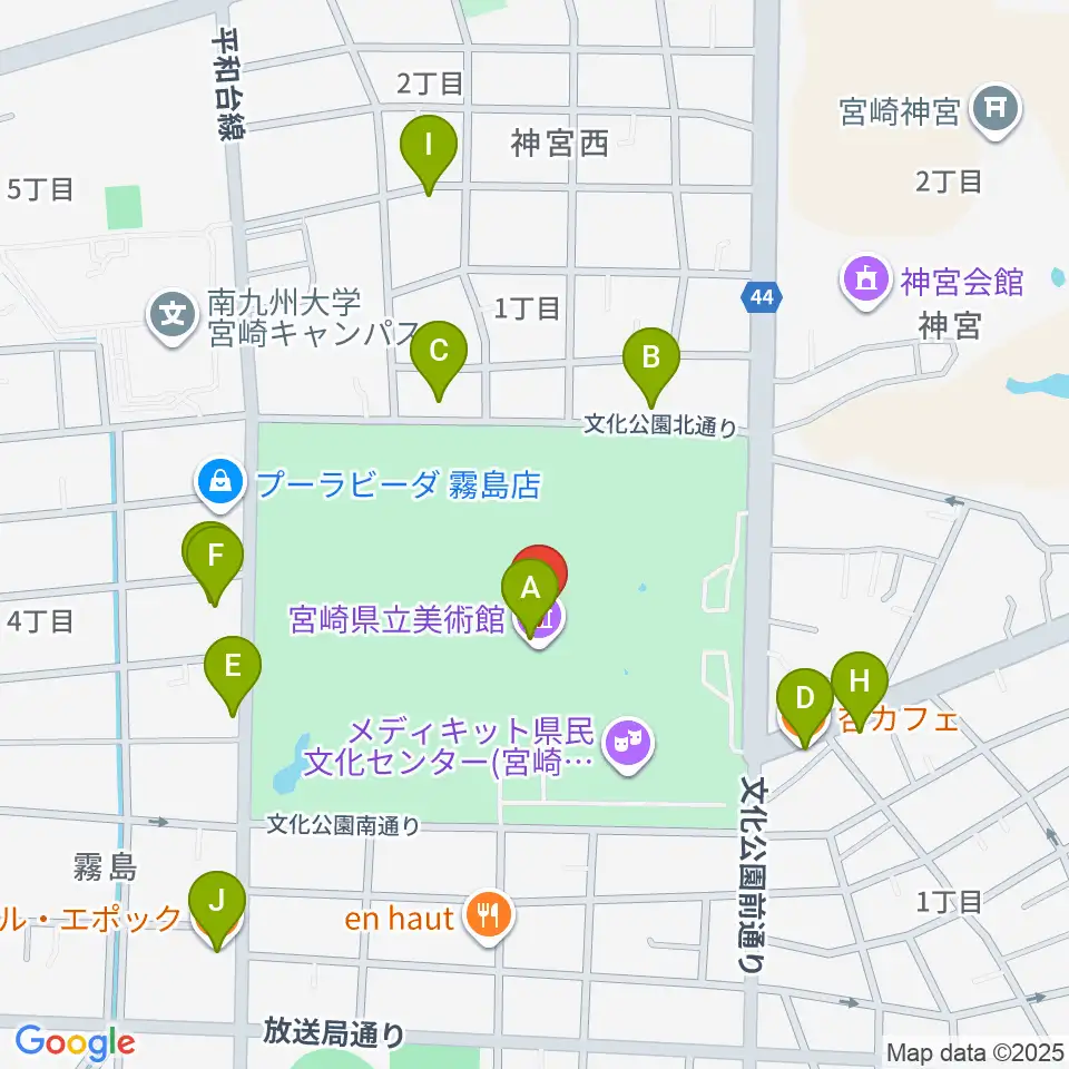 宮崎県立美術館周辺のファミレス・ファーストフード一覧地図